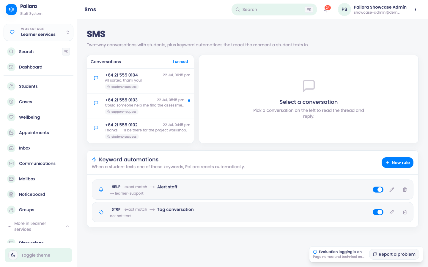 Two-way SMS: conversations on the left, the thread and reply on the right, keyword automations below.