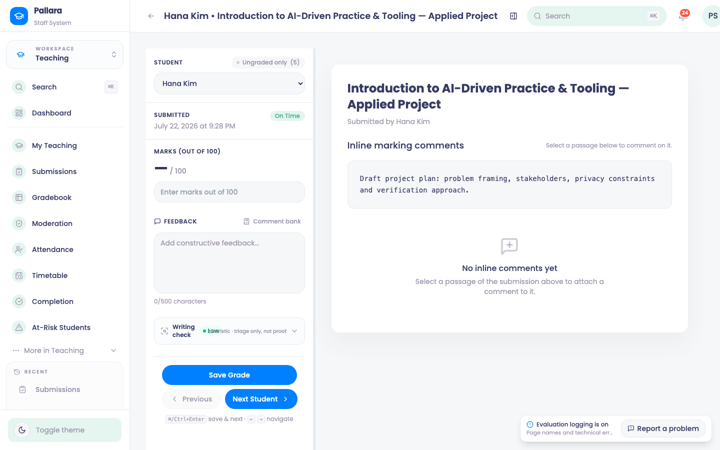 SpeedGrader: learner selector, submission time, marks, feedback, comment bank, writing check; the submission with inline comments on the right. ⌘/Ctrl+Enter saves and moves on.
