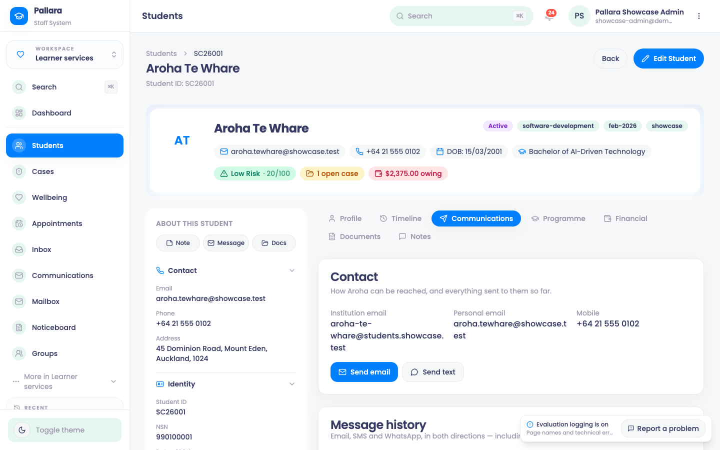 Communications — every email, SMS and WhatsApp, with mailbox replies attached.