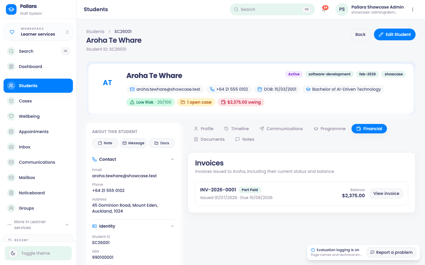 Financial — the learner's ledger and invoices.