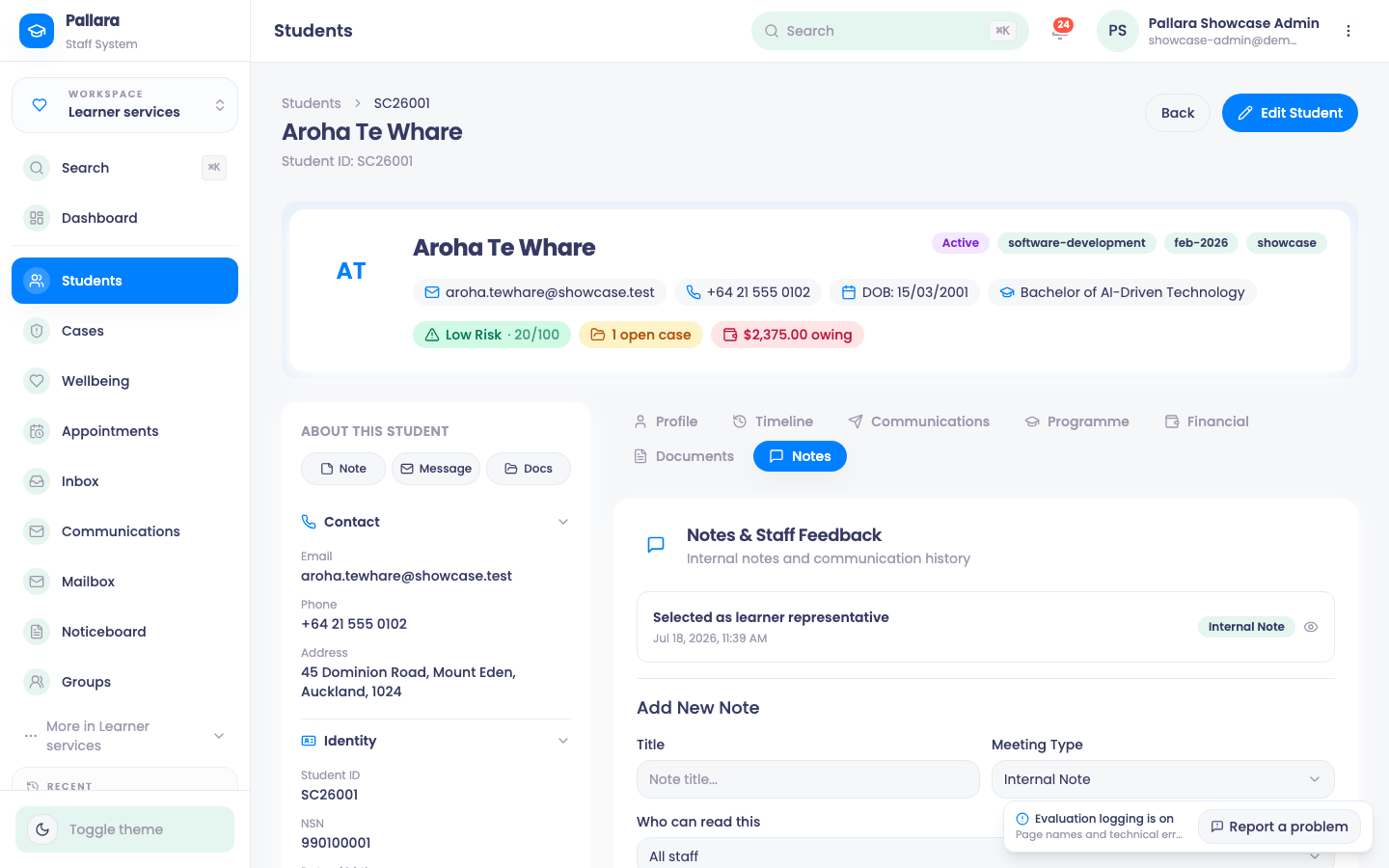 Notes — dated staff notes with a meeting type; each opens in Note Details.
