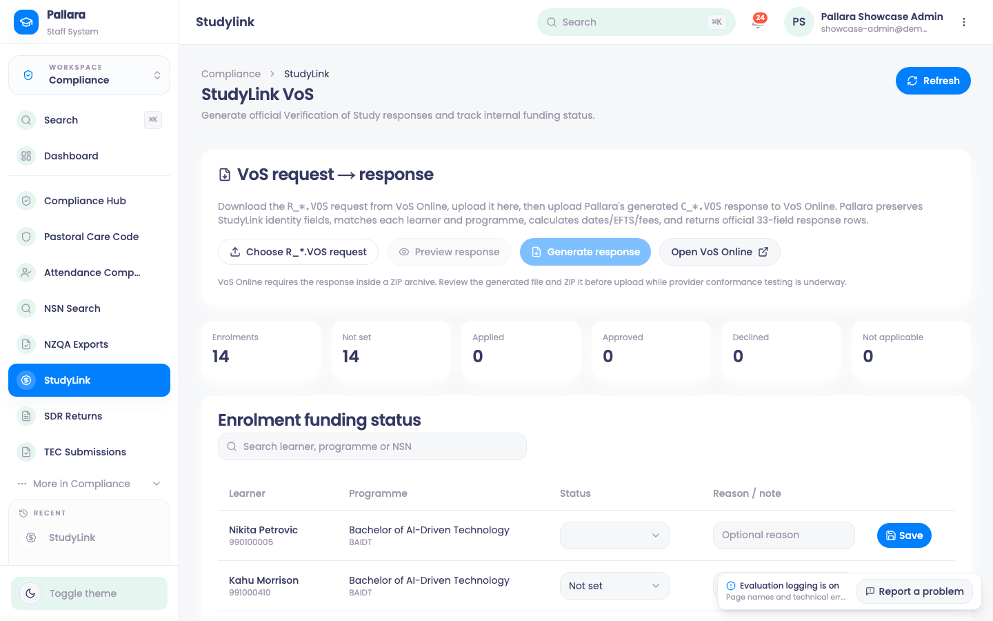 StudyLink VoS: request in, response out, and the funding-status tracker.