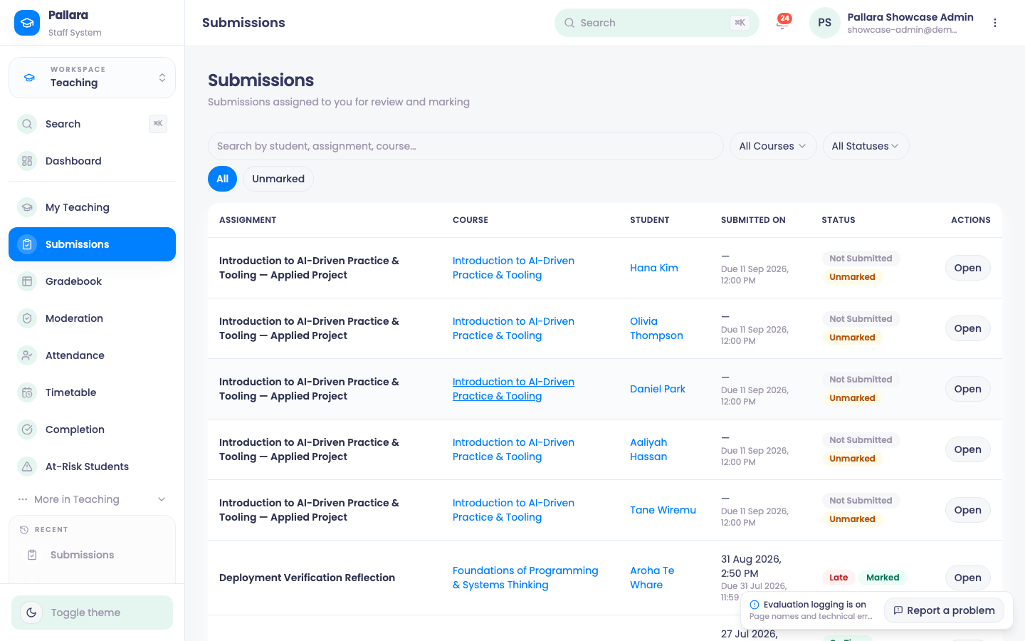 The Submissions queue: Teaching → Submissions: filter to Unmarked, find the row, select Open.