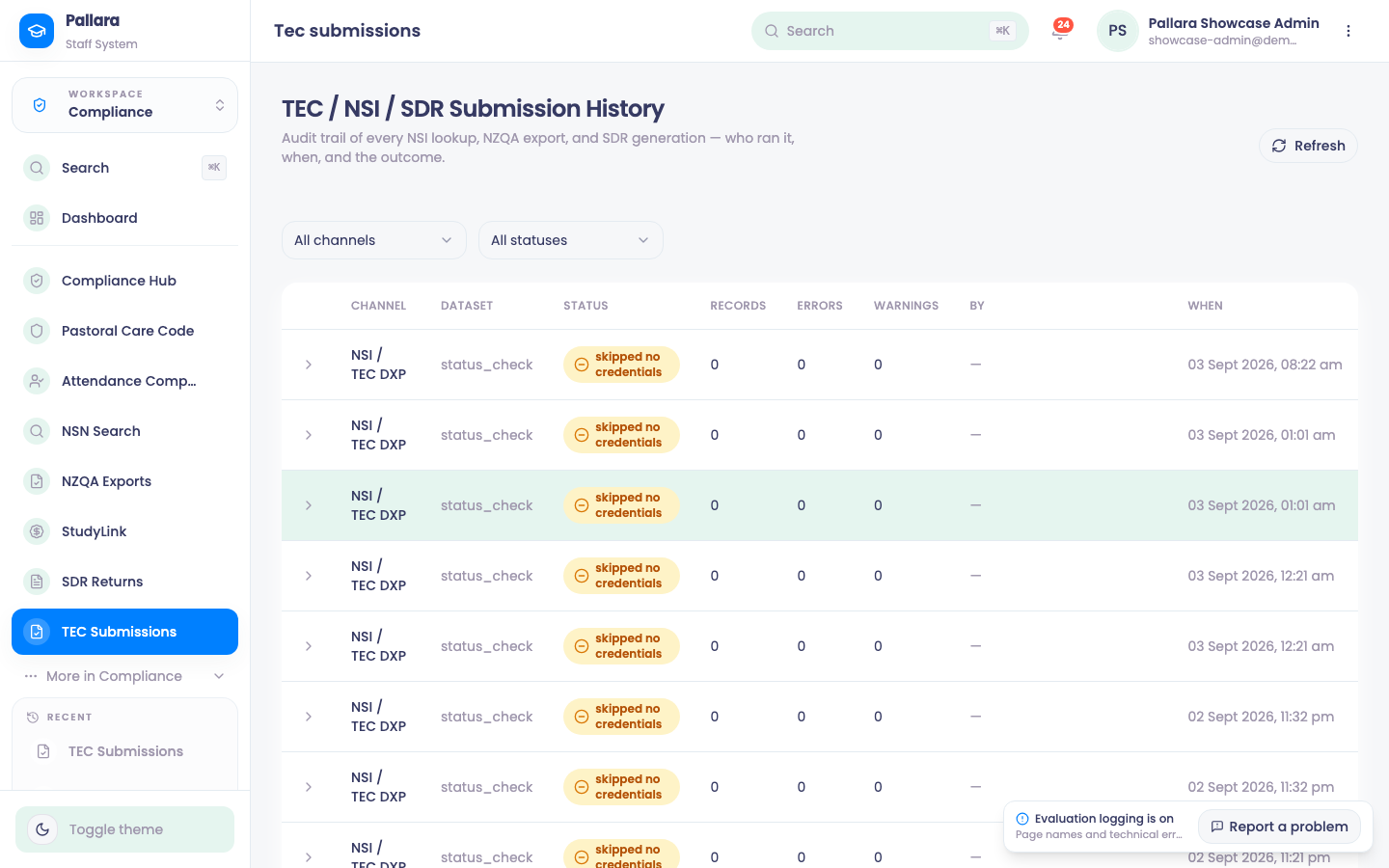 Submission history: TEC Submissions: the audit trail of every NSI lookup, NZQA export and SDR generation.