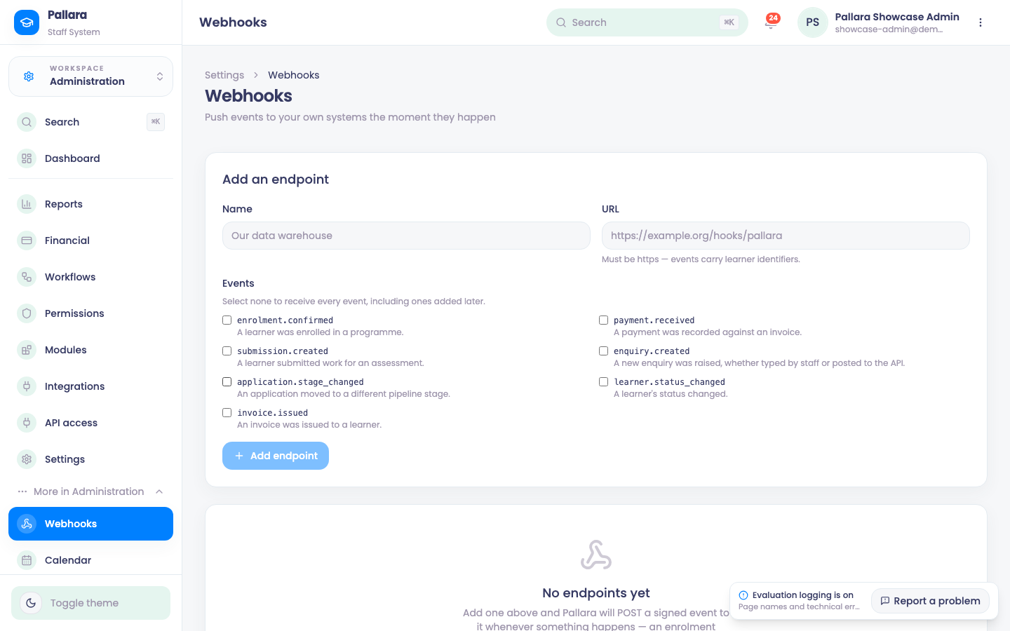 Webhooks: endpoints, the events they subscribe to, and recent deliveries.