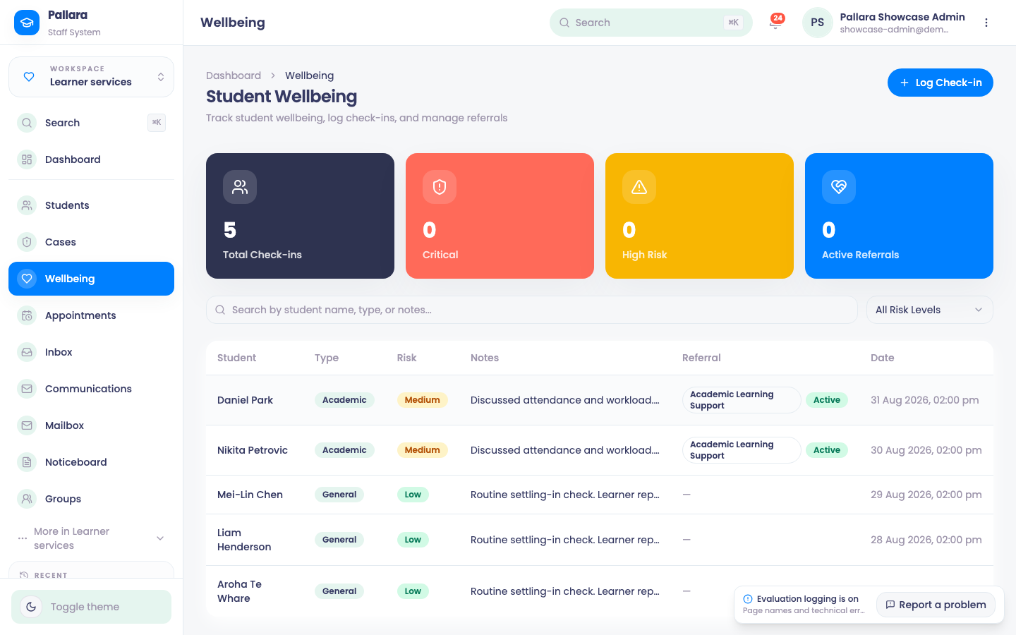 Student Wellbeing: check-ins, risk level, notes and referrals.