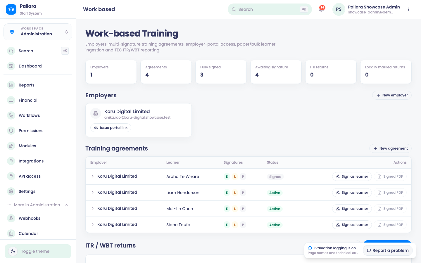 Work-based Training: employers, their portal links, training agreements and ITR returns.