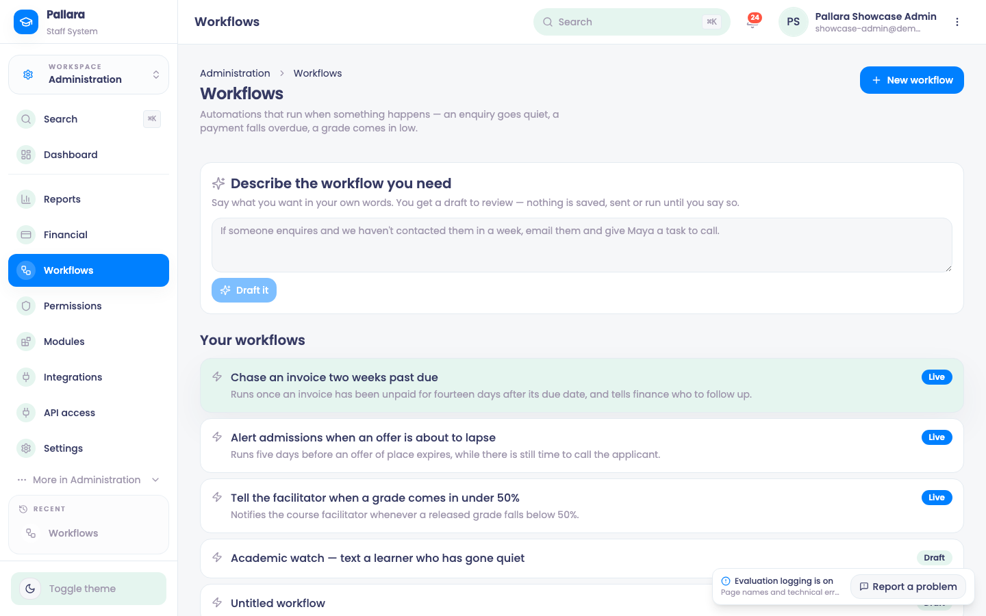 Workflows: describe what you need, review the draft, and the list of live workflows.