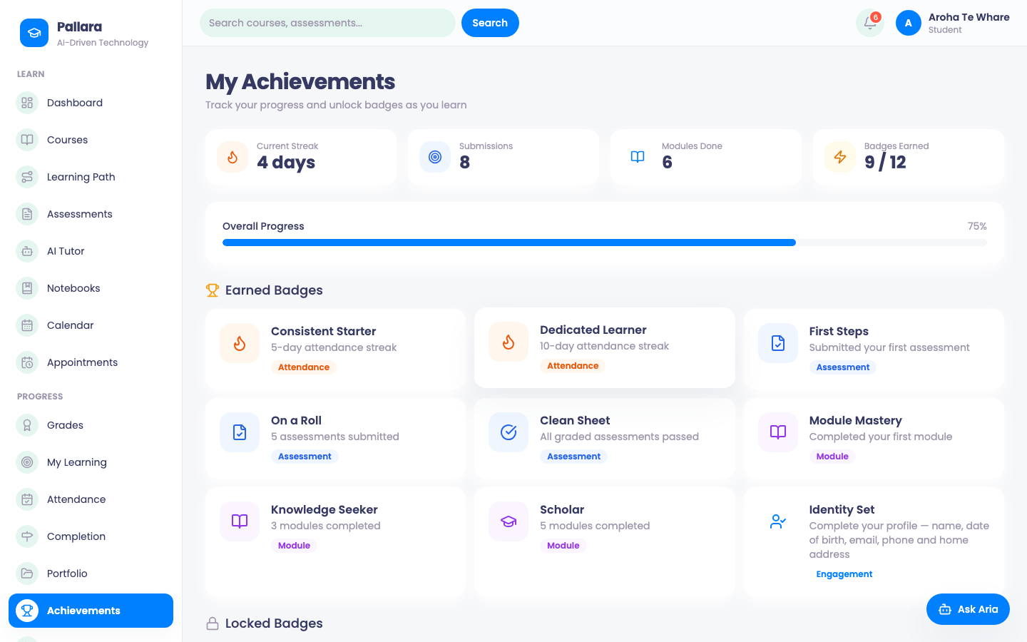 Achievements: streak, submissions, modules completed, badges earned and overall progress.