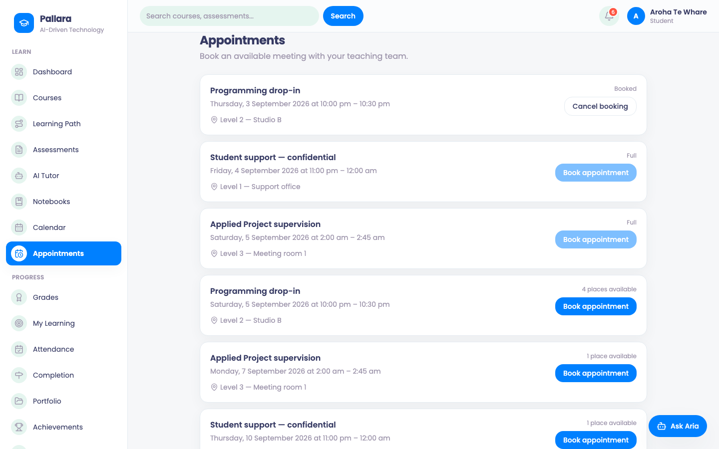 Appointments: available slots and your bookings.