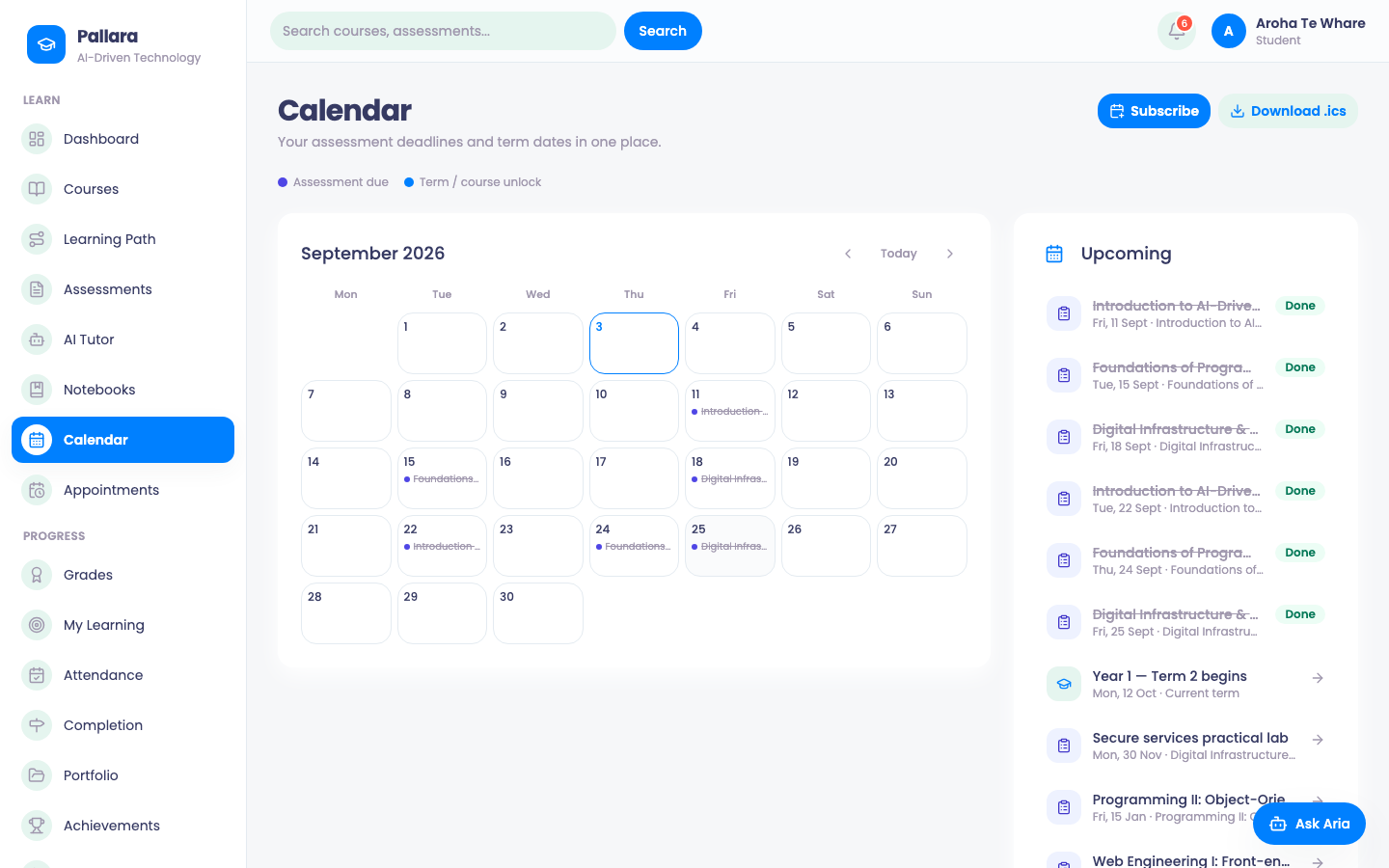 Calendar: assessment due dates with term and course-unlock dates in one month view, subscribable to a phone calendar.
