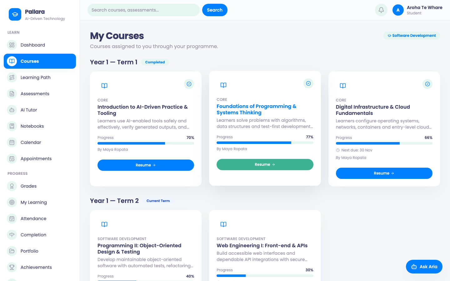 My Courses: Courses: each card shows progress and the next lesson.
