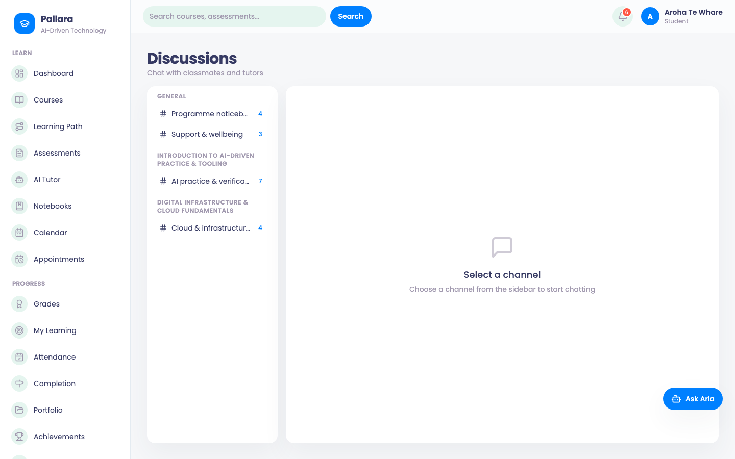 Course discussions: threads for a course, with replies in date order.