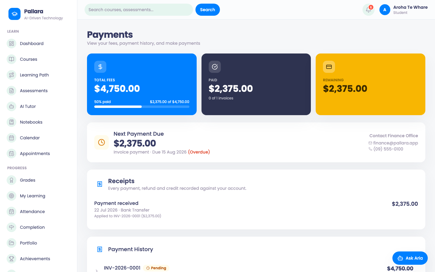 The learner's Payments page: open invoices and payment history.