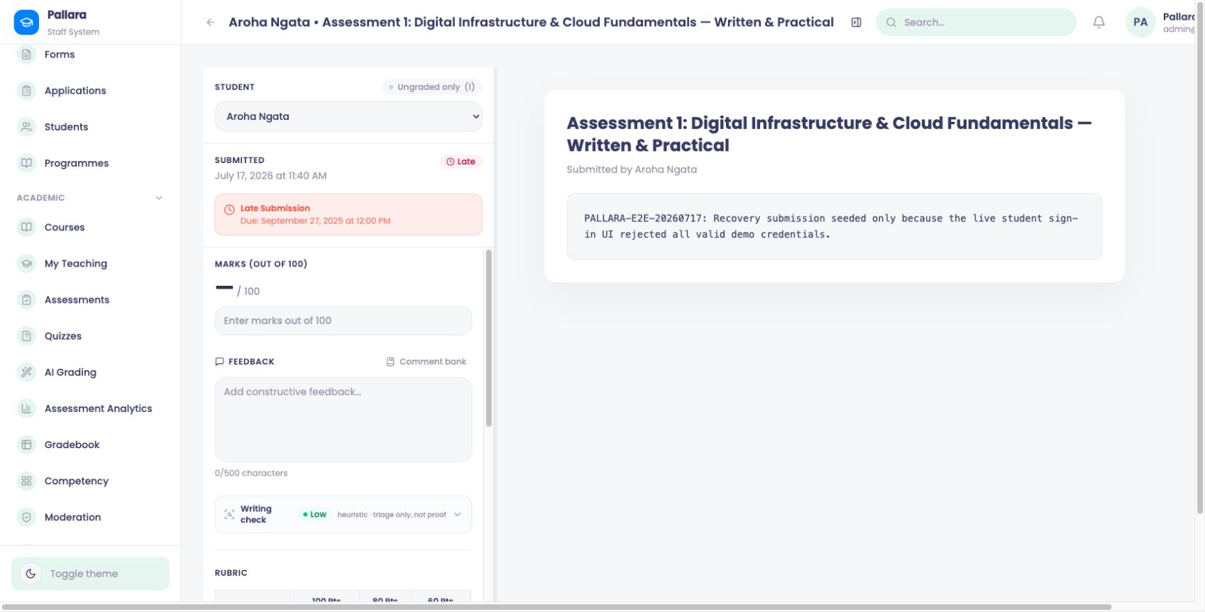 SpeedGrader marking view: student selector, marks out of 100, feedback with comment bank, and rubric